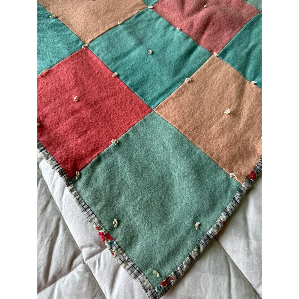 Vtg Quilt Handmade Wool Square Block Wool Cabin Rustic Natural 48x64 Calico Back